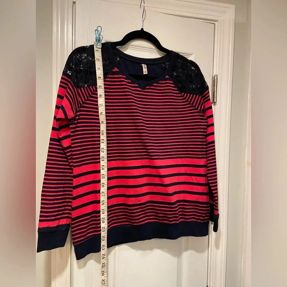 Bare Denim Crew Neck Lace Shoulder Pink Navy Stripe Long Sleeve Shirt Size M - Picture 4 of 10